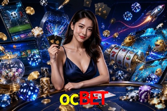 Una escena digital vívida inspirada en casino con ocbet mostrado prominentemente, luces brillantes, fichas, cartas y acentos dorados.
