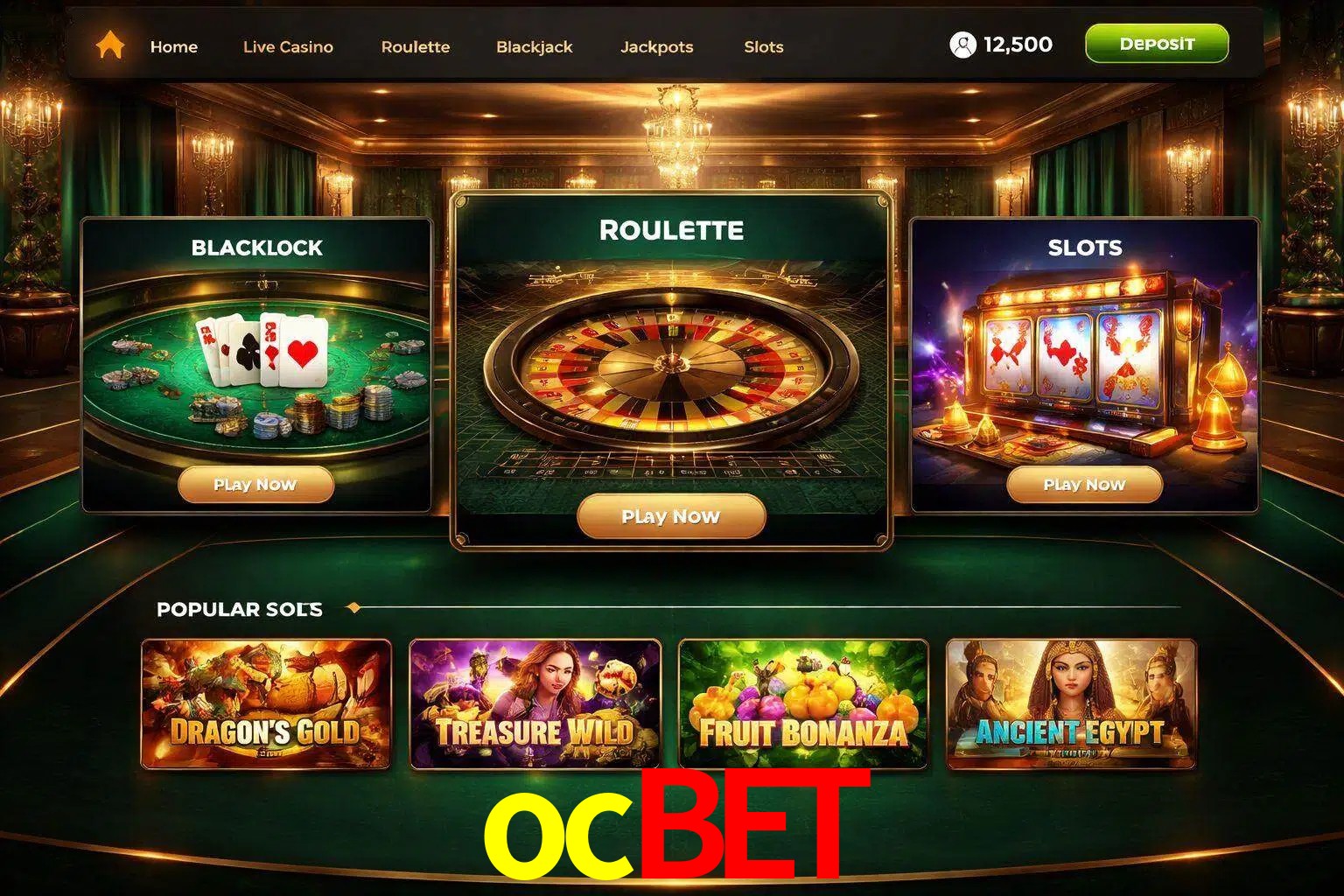 Vista de la plataforma ocbet Casino mostrando categorías organizadas de juegos en línea