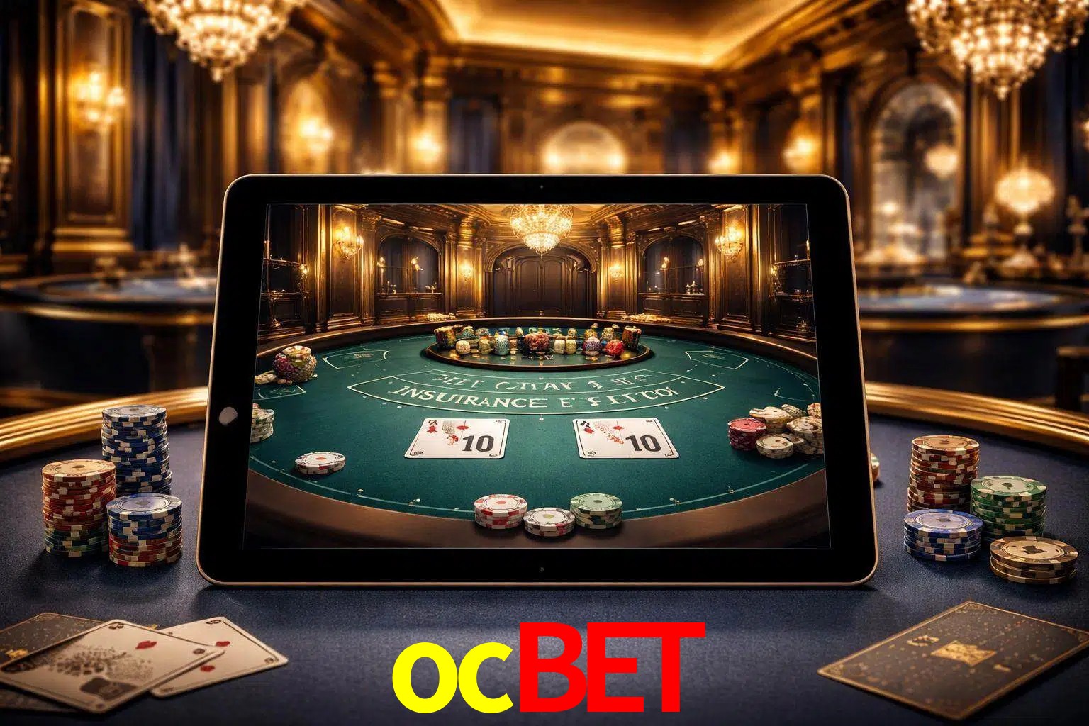 Configuración moderna de casino en vivo con una tableta mostrando una mesa de blackjack, luces cálidas de estudio y una atmósfera elegante de juegos digitales.