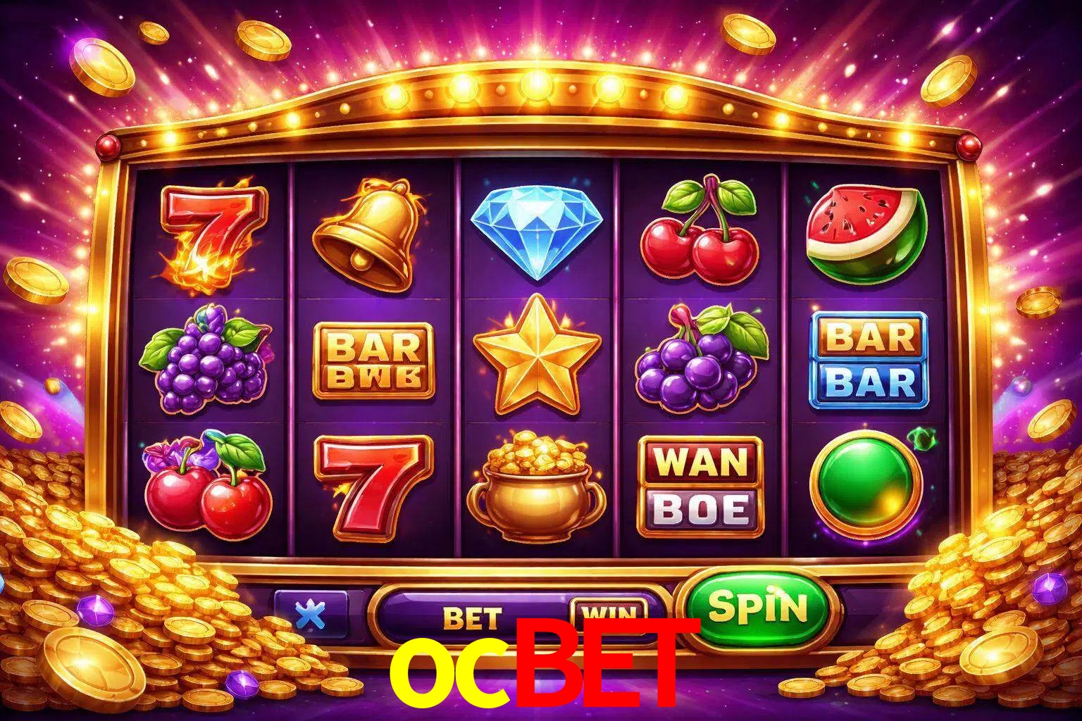 Una interfaz colorida de tragamonedas en línea con símbolos brillantes, monedas y un efecto de victoria celebratoria en ocbet.