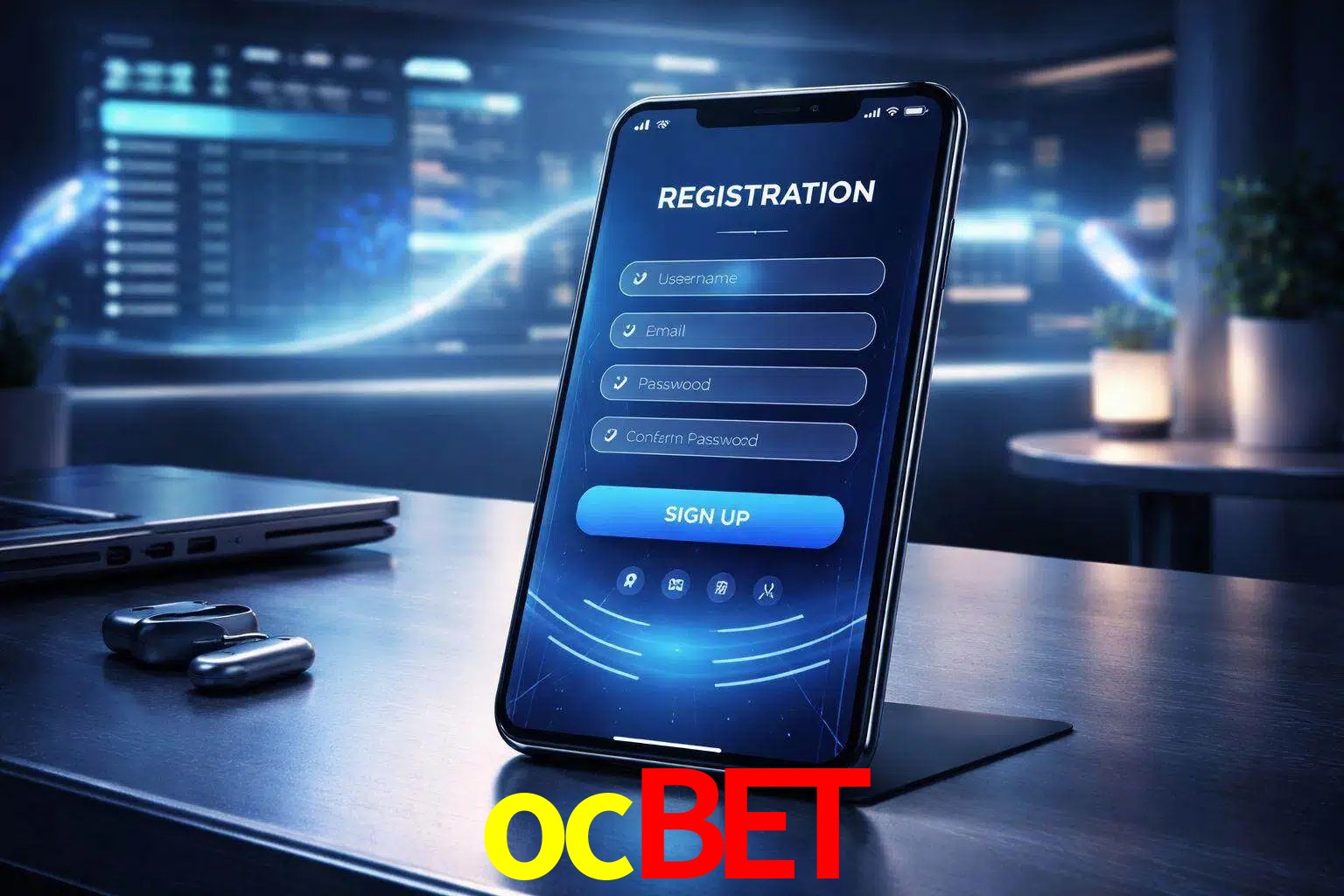 Una interfaz moderna de registro móvil para ocbet mostrada en un smartphone con un panel de apuestas elegante.